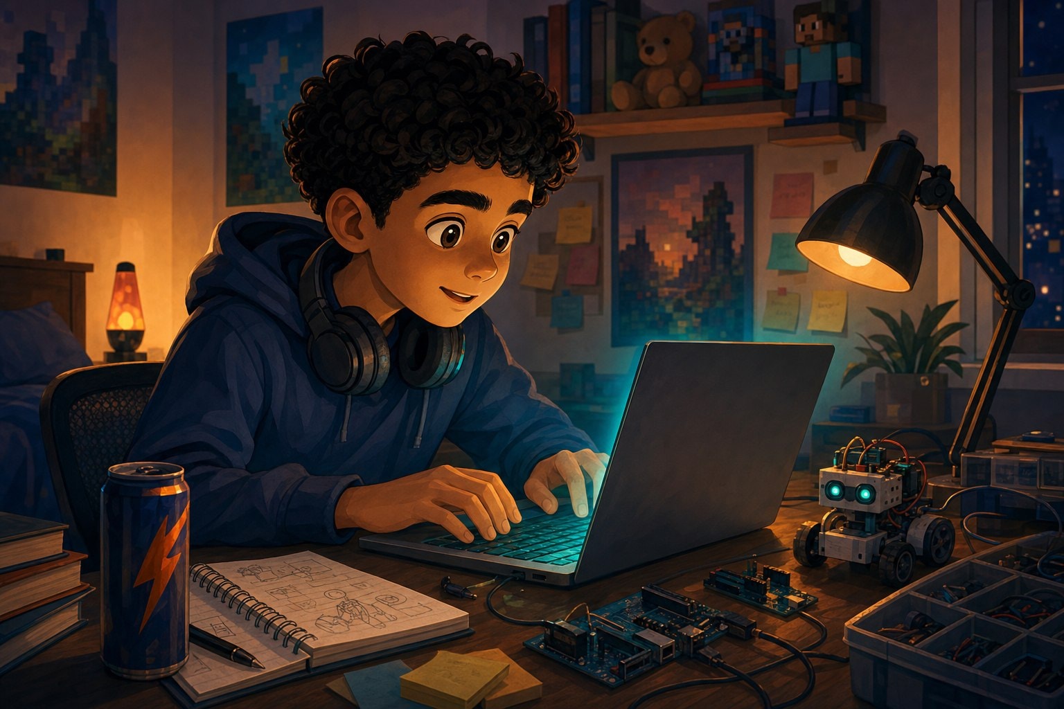 Teenage Elias writing his first lines of code