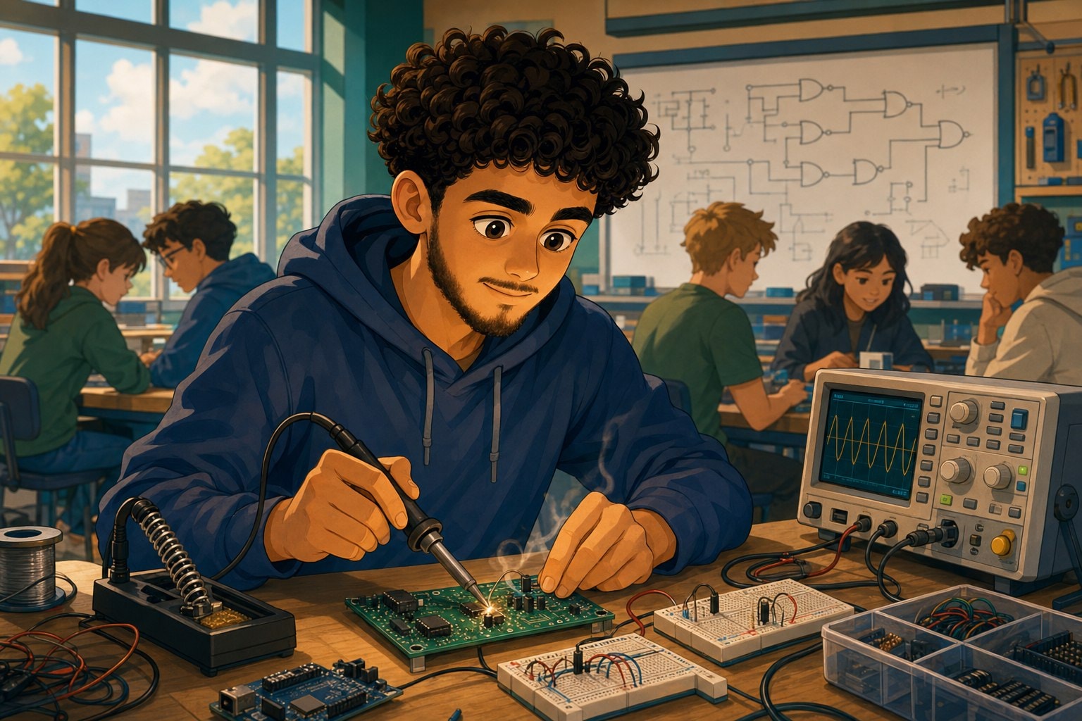 Elias soldering electronics in his high school tech lab
