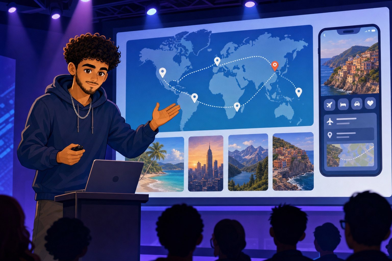 Elias presenting his AI travel planner on stage