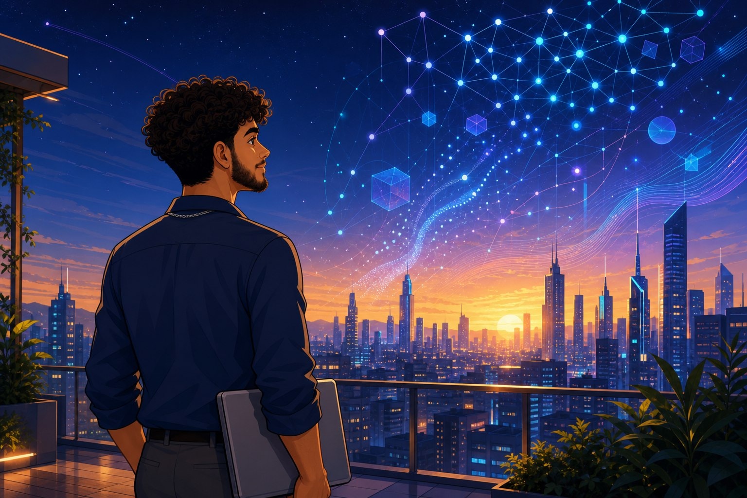 Elias looking at a futuristic city skyline at dawn